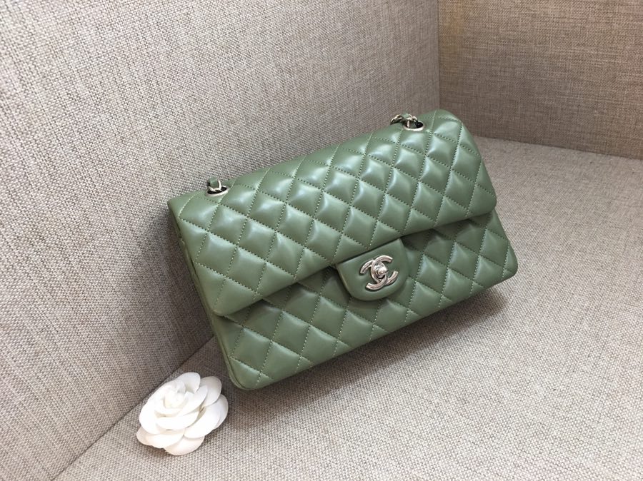 Medium Classic Flap Lambskin Bag AO1112 Dark Green/Silver